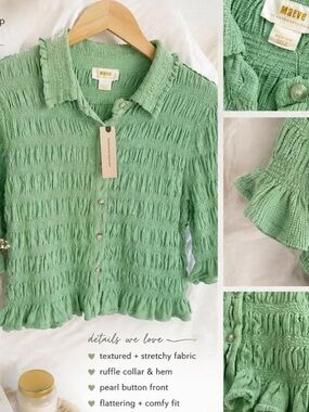 Anthropologie Maeve Sage Green Textured Ruffle-Trim Button Down